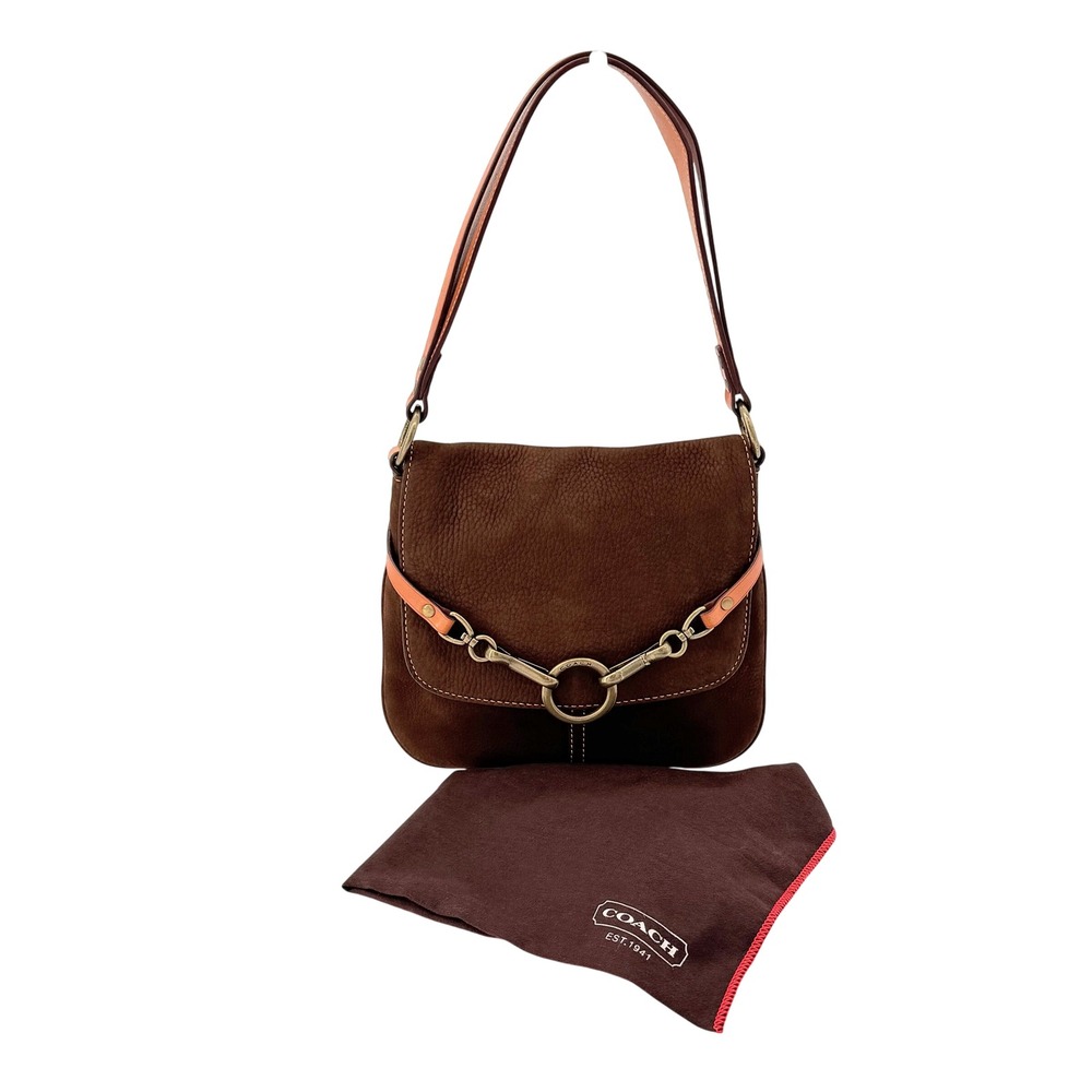 Coach Hamptons Ring Clip Nubuck Boho Flap Shoulder Bag Brown 9387